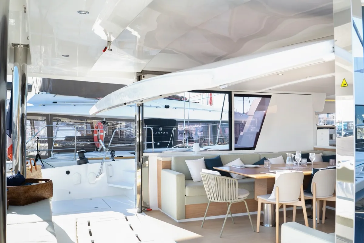 Exterior view of GALOE, a Bali 5.4 catamaran at Antibes, France