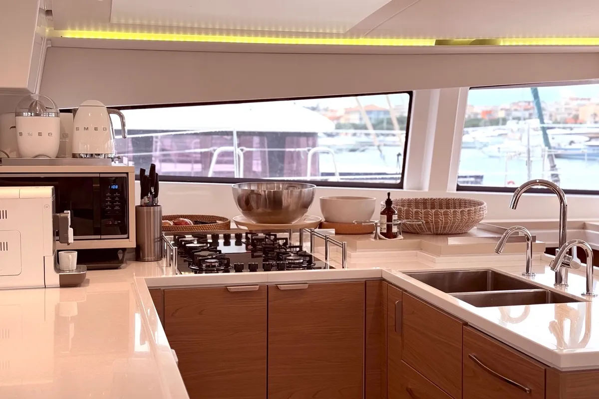 Galley of GALOE, a Bali 5.4 catamaran at Antibes, France