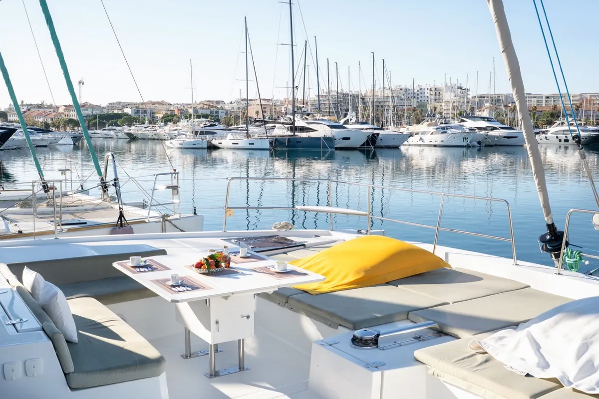 Deck of GALOE, a Bali 5.4 catamaran at Antibes, France