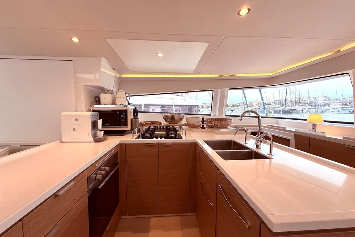 Galley of GALOE, a Bali 5.4 catamaran at Antibes, France