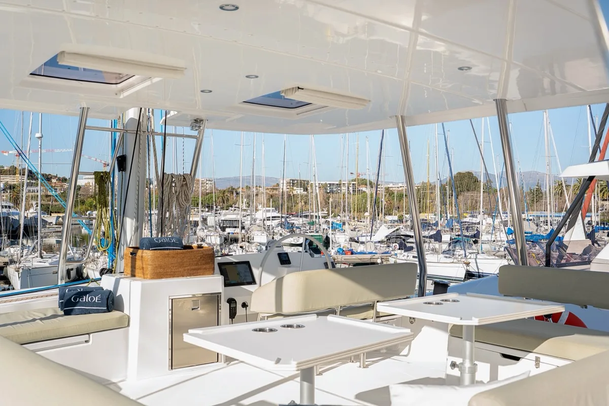 Cockpit of GALOE, a Bali 5.4 catamaran at Antibes, France