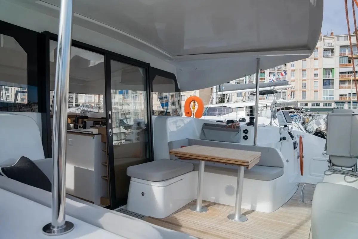Deck of Adva, a Excess 11 catamaran at Toulon, France