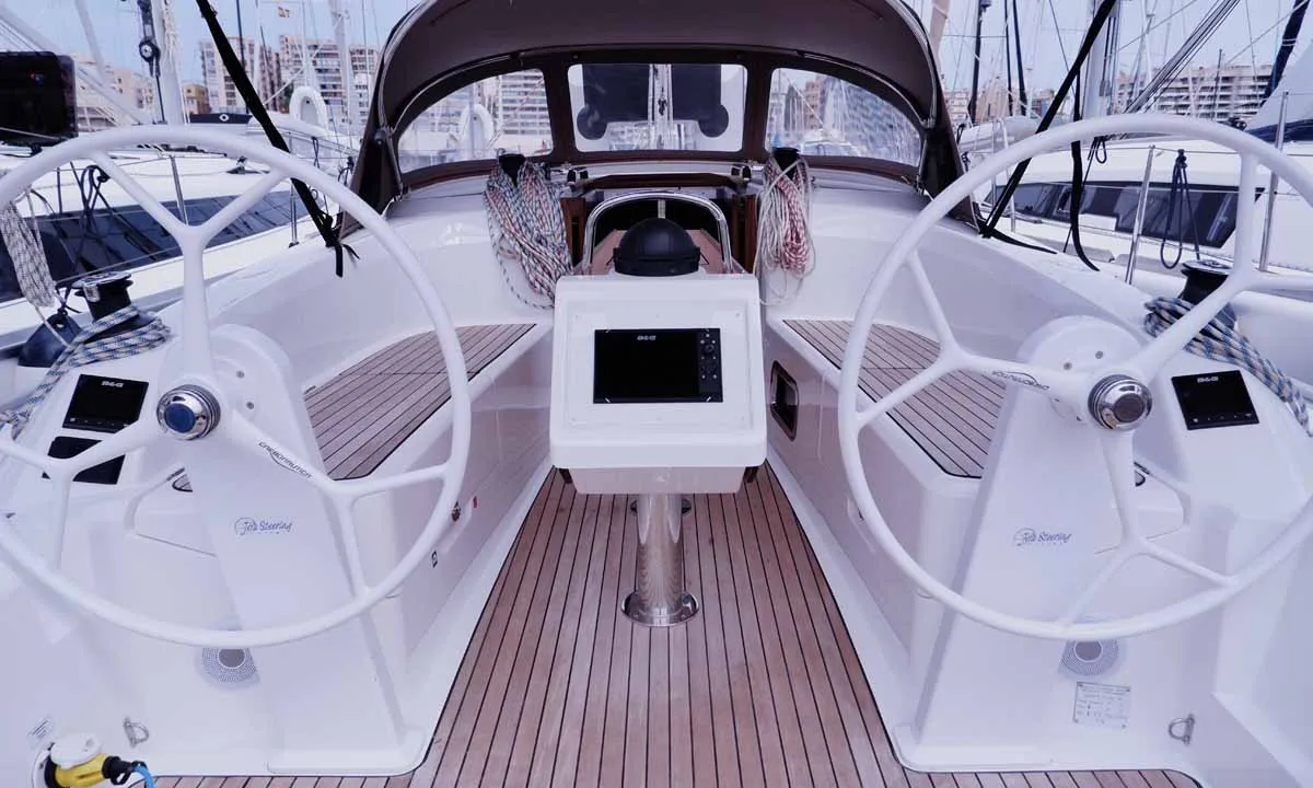 Cockpit of Saona, a Bavaria Cruiser 34 sailboat at Palma de Mallorca, Spain