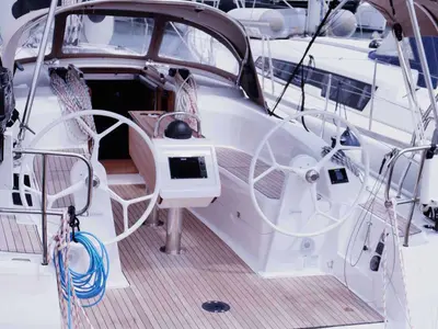 Cockpit of Saona, a Bavaria Cruiser 34 sailboat at Palma de Mallorca, Spain