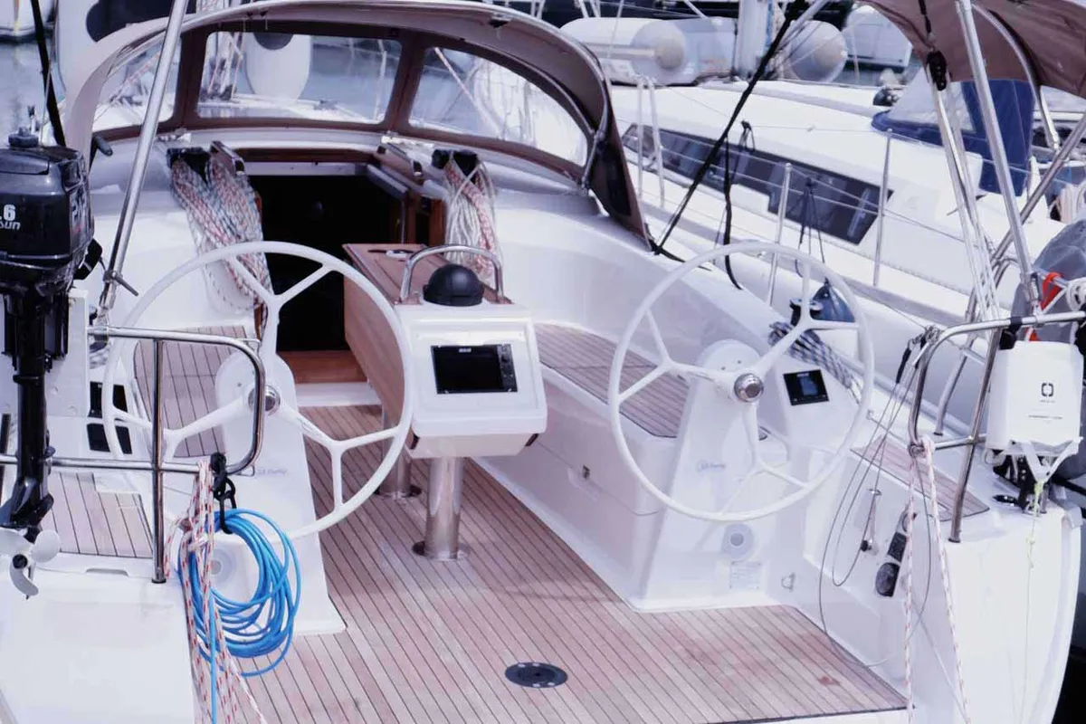 Cockpit of Saona, a Bavaria Cruiser 34 sailboat at Palma de Mallorca, Spain