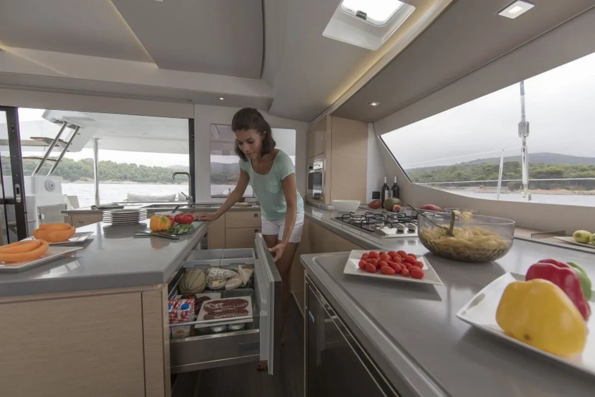 Galley of Valhalla, a Fountaine Pajot Saba 50 catamaran at Road Town, British Virgin Islands