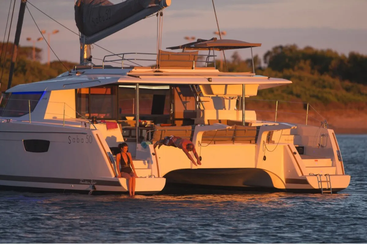 Exterior view of Valhalla, a Fountaine Pajot Saba 50 catamaran at Road Town, British Virgin Islands
