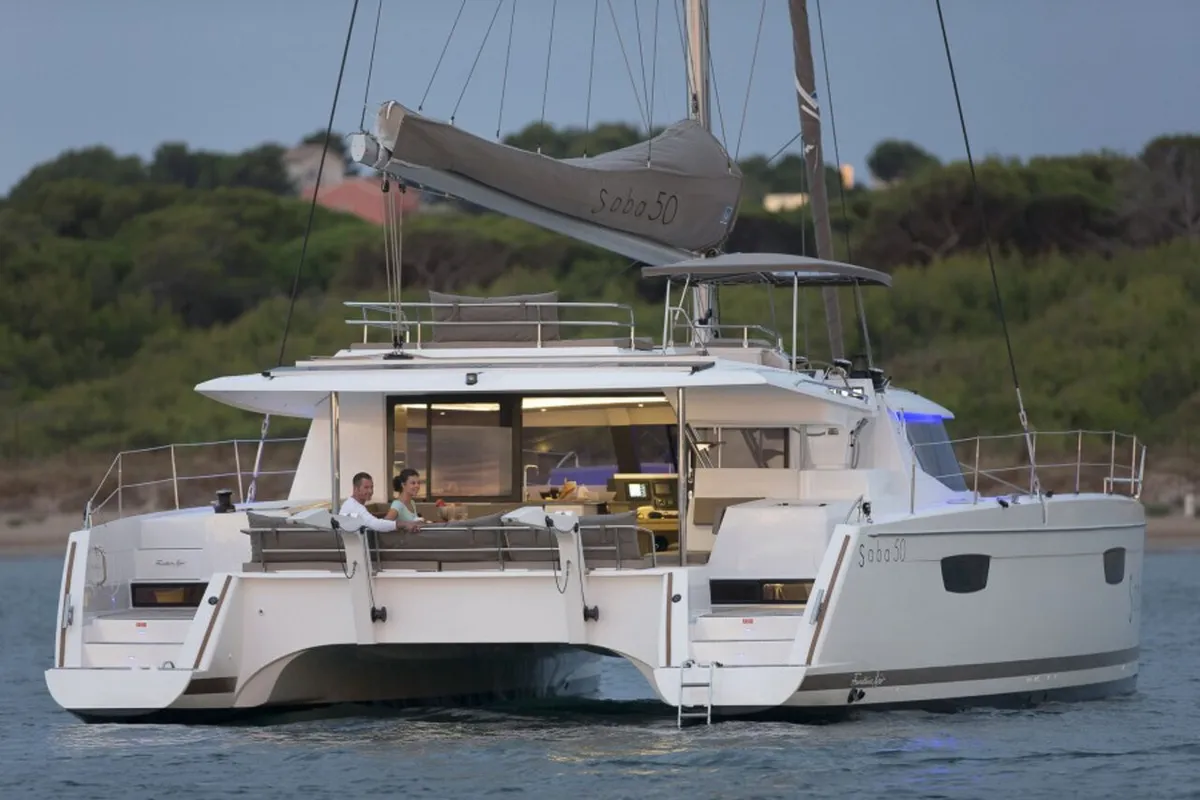 Exterior view of Valhalla, a Fountaine Pajot Saba 50 catamaran at Road Town, British Virgin Islands