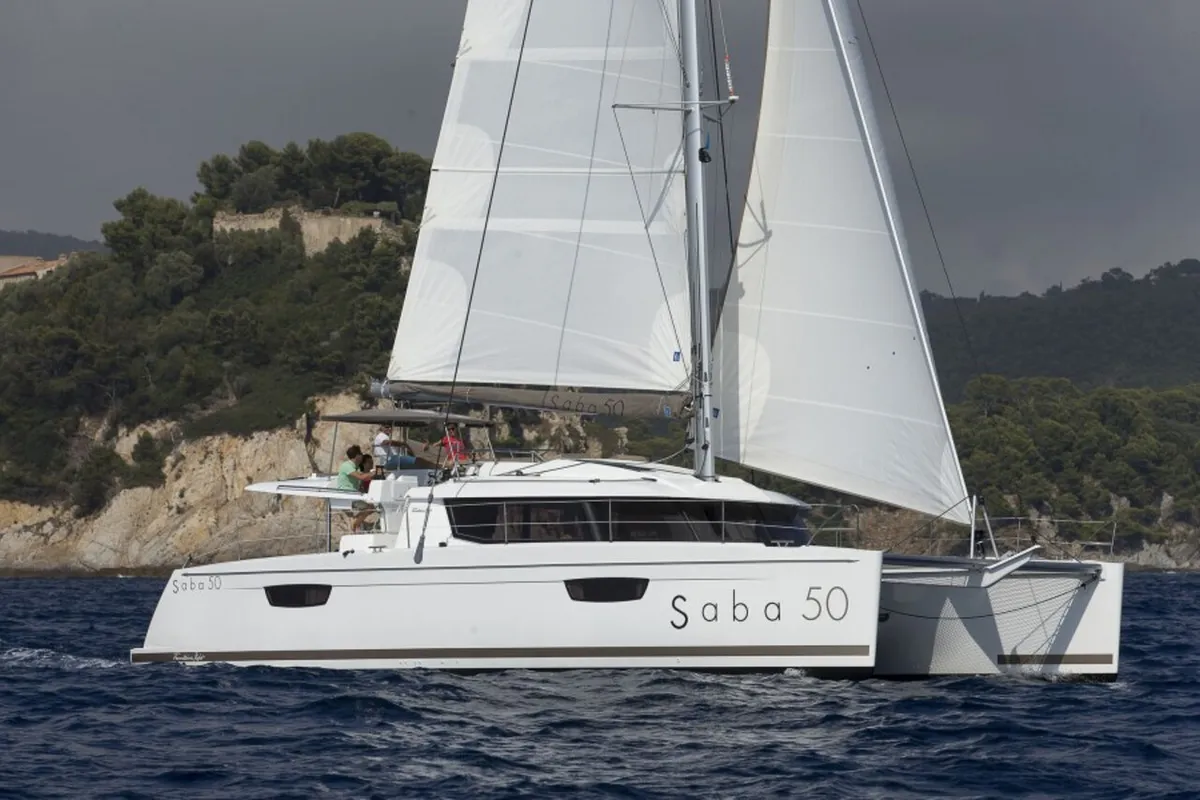 Exterior view of Valhalla, a Fountaine Pajot Saba 50 catamaran at Road Town, British Virgin Islands