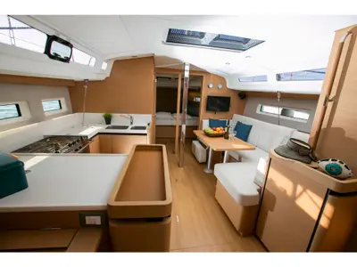Galley of BLACK BIRD, a Jeanneau Sun Odyssey 440 sailboat at Sipias Municipal Unit, Greece