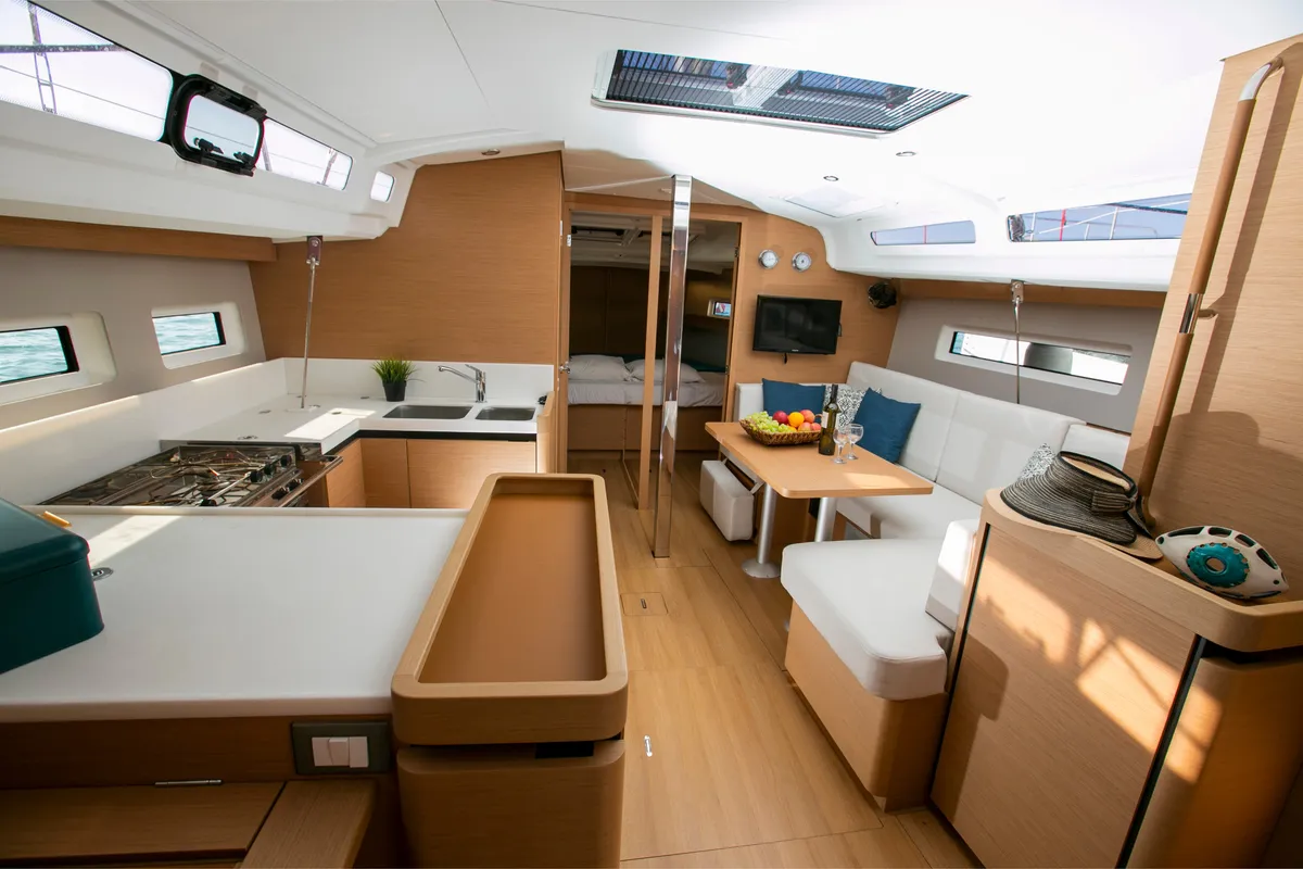 Galley of BLACK BIRD, a Jeanneau Sun Odyssey 440 sailboat at Sipias Municipal Unit, Greece