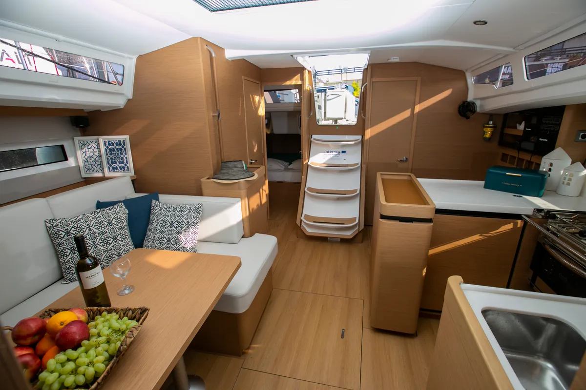 Salon of BLACK BIRD, a Jeanneau Sun Odyssey 440 sailboat at Sipias Municipal Unit, Greece