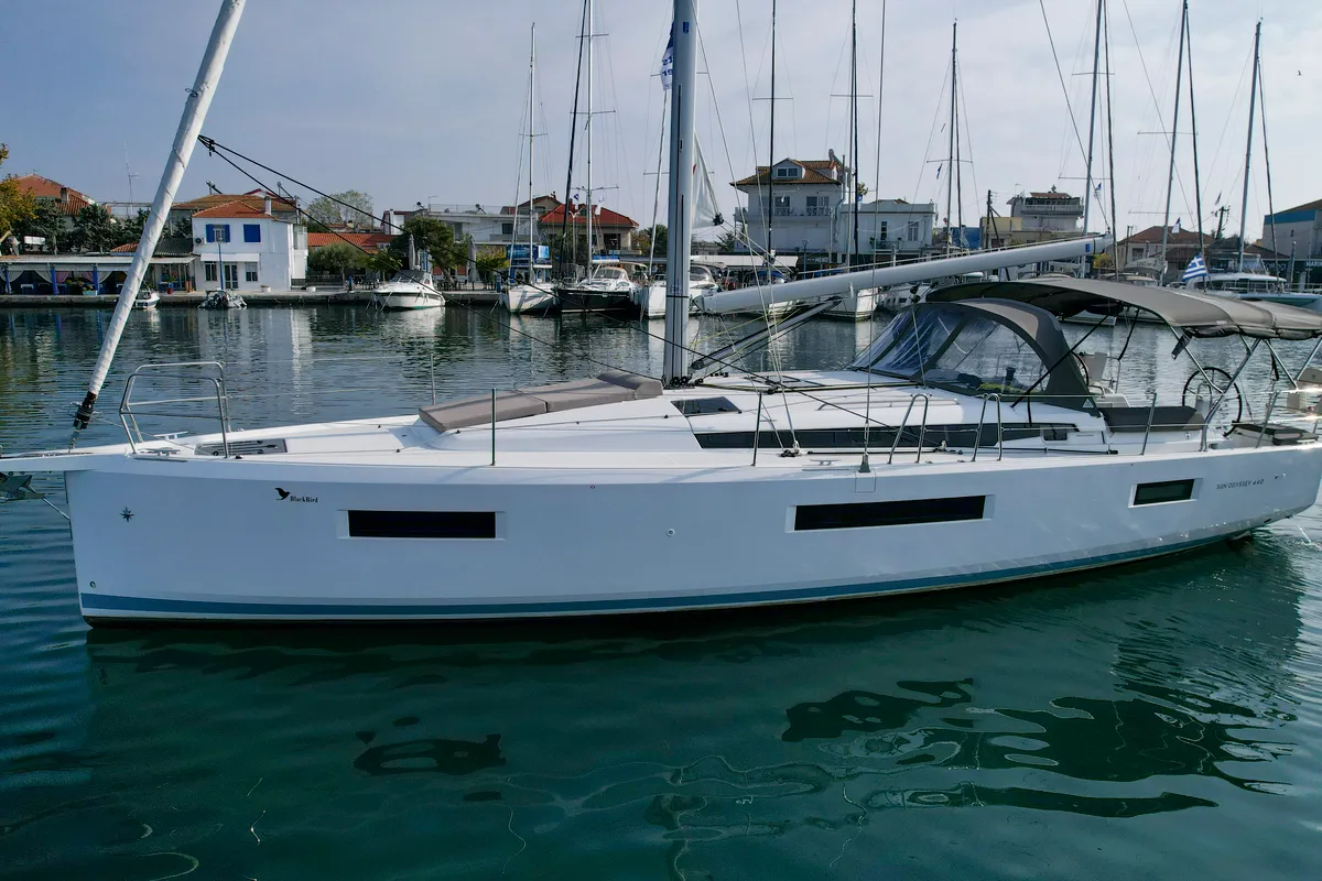Exterior view of BLACK BIRD, a Jeanneau Sun Odyssey 440 sailboat at Sipias Municipal Unit, Greece
