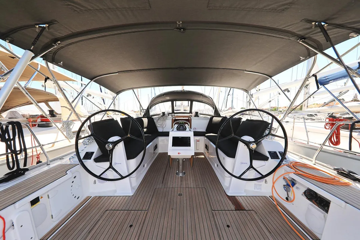 Cockpit of Evodia 1, a Bavaria Cruiser 46 sailboat at Grad Biograd na Moru, Croatia