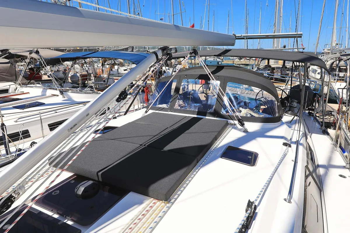 Deck of Evodia 1, a Bavaria Cruiser 46 sailboat at Grad Biograd na Moru, Croatia
