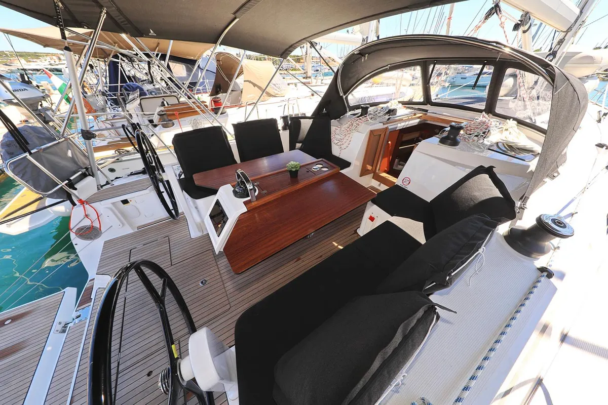 Deck of Evodia 1, a Bavaria Cruiser 46 sailboat at Grad Biograd na Moru, Croatia