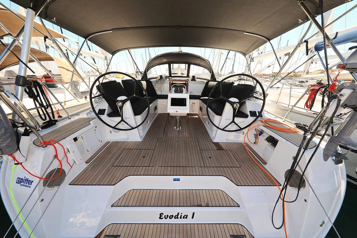 Cockpit of Evodia 1, a Bavaria Cruiser 46 sailboat at Grad Biograd na Moru, Croatia