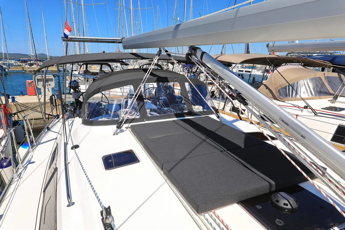 Deck of Evodia 1, a Bavaria Cruiser 46 sailboat at Grad Biograd na Moru, Croatia
