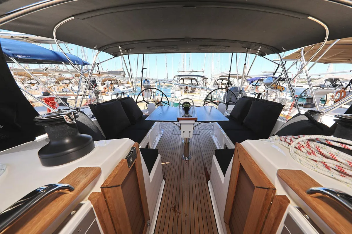 Deck of Evodia 1, a Bavaria Cruiser 46 sailboat at Grad Biograd na Moru, Croatia