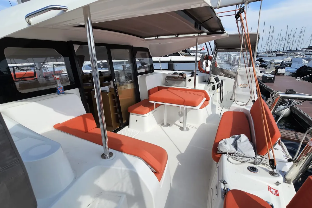 Cockpit of SMOTA, a Excess 11 catamaran at Fethiye, Turkey