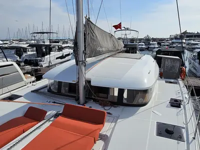 Deck of SMOTA, a Excess 11 catamaran at Fethiye, Turkey