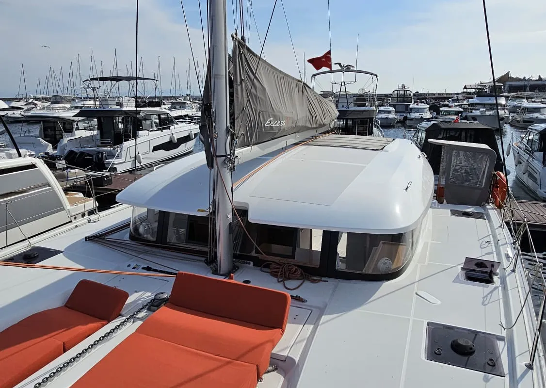 Deck of SMOTA, a Excess 11 catamaran at Fethiye, Turkey