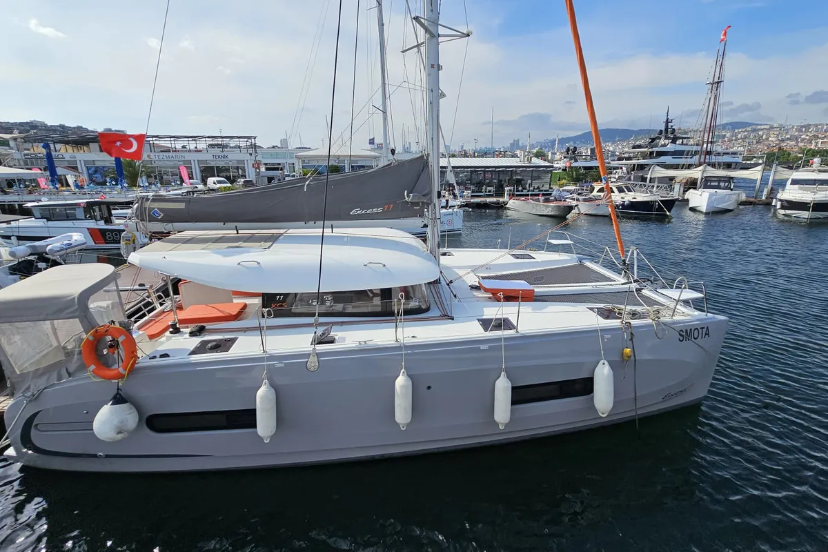 Exterior view of SMOTA, a Excess 11 catamaran at Fethiye, Turkey