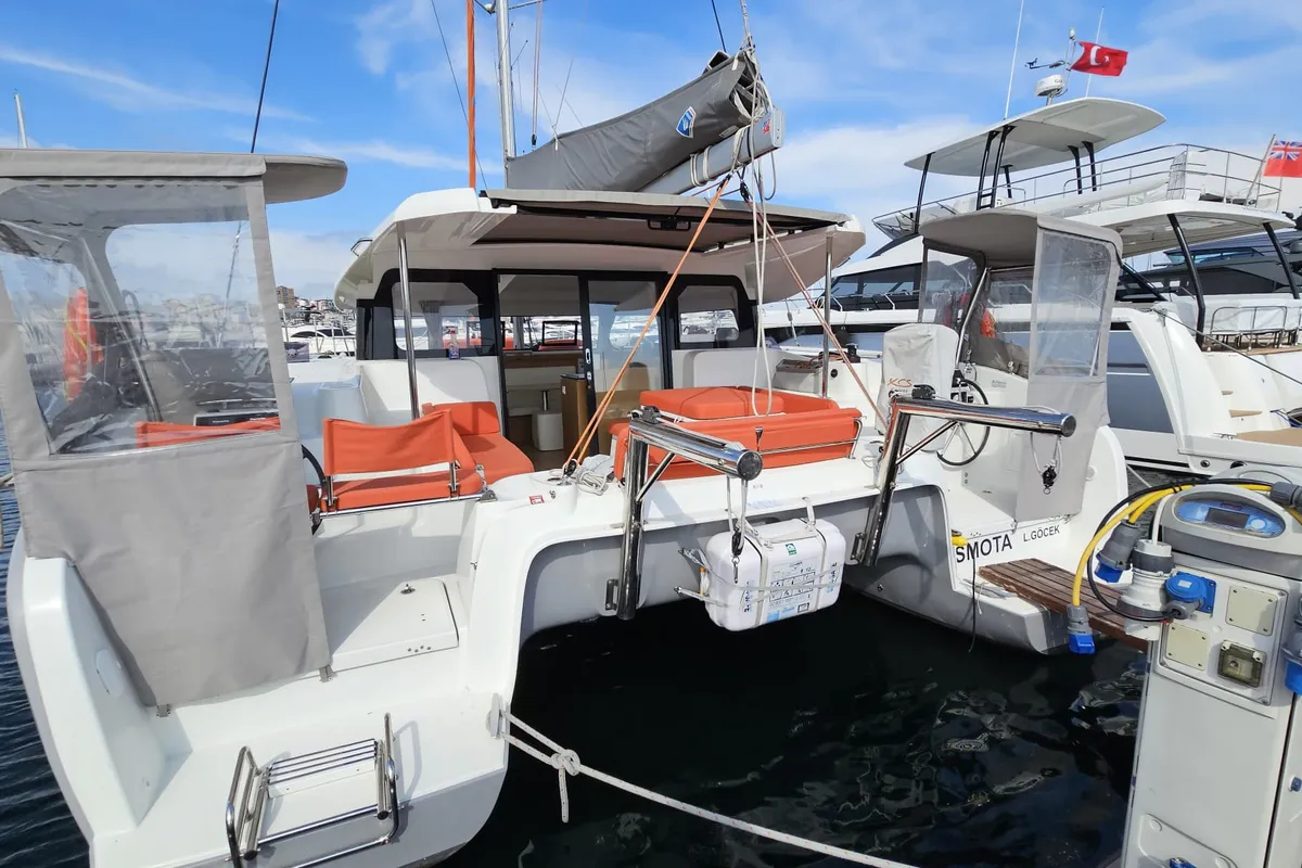 Exterior view of SMOTA, a Excess 11 catamaran at Fethiye, Turkey