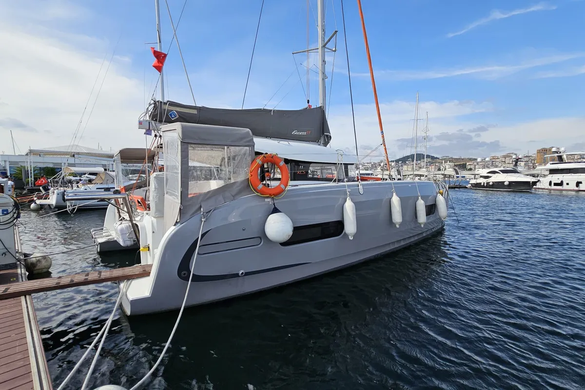 Exterior view of SMOTA, a Excess 11 catamaran at Fethiye, Turkey