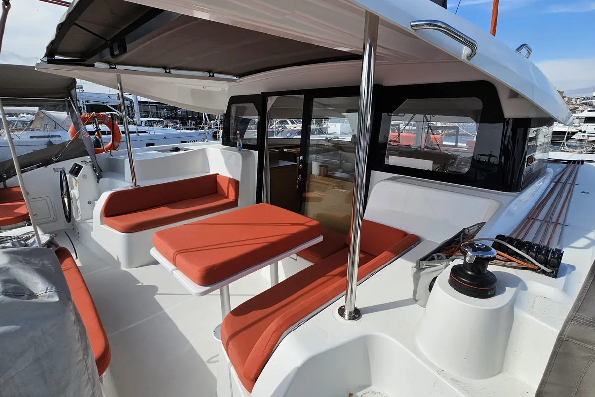 Deck of SMOTA, a Excess 11 catamaran at Fethiye, Turkey