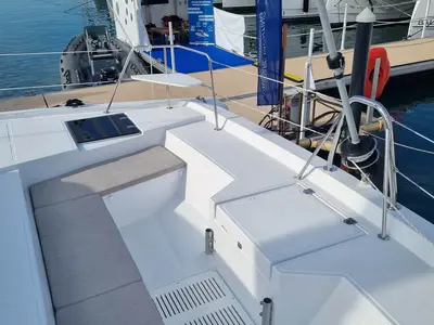 Cockpit of Wanderer, a Bali Catspace catamaran at Road Town, British Virgin Islands