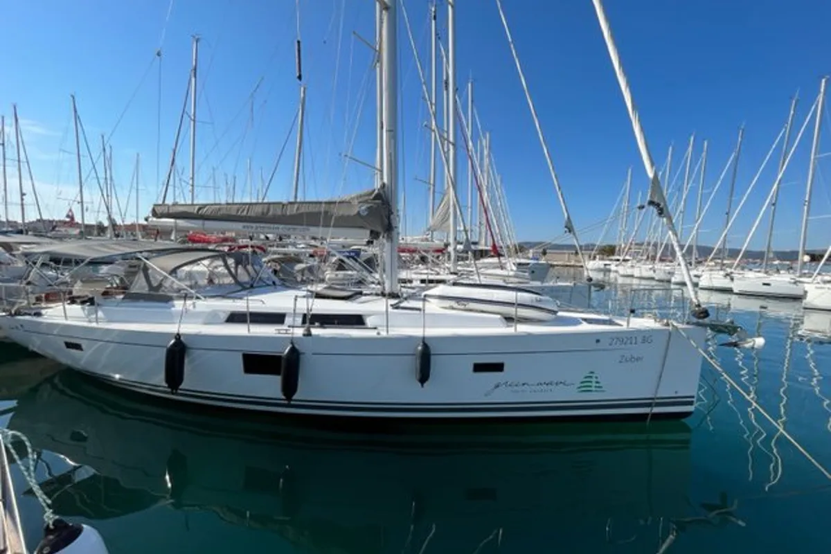Exterior view of Zsiber, a Hanse 455 sailboat at Grad Biograd na Moru, Croatia