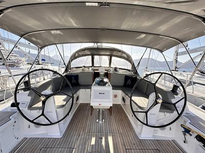 Cockpit of Leisure, a Bavaria Cruiser 46 sailboat at Marmaris, Turkey