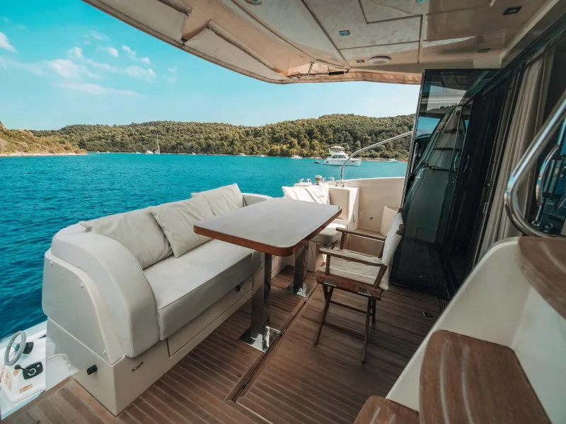 Deck of Blizzard, a Beneteau Monte Carlo 5 motorboat at Seget Donji, Croatia