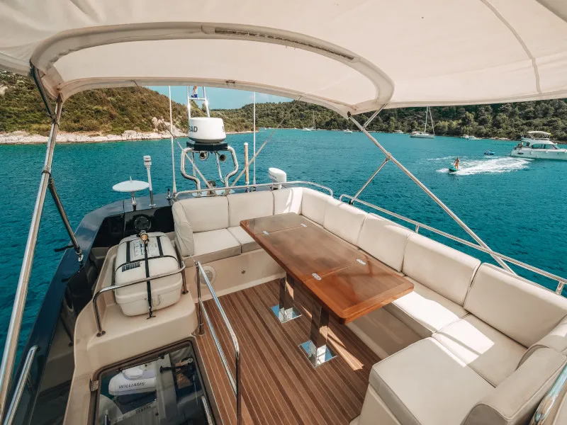 Deck of Blizzard, a Beneteau Monte Carlo 5 motorboat at Seget Donji, Croatia