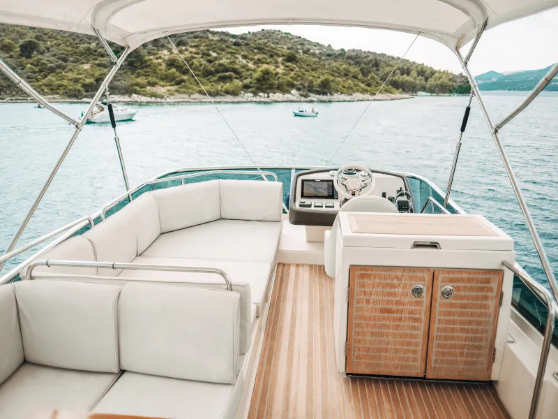 Deck of Blizzard, a Beneteau Monte Carlo 5 motorboat at Seget Donji, Croatia