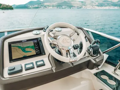 Cockpit of Blizzard, a Beneteau Monte Carlo 5 motorboat at Seget Donji, Croatia