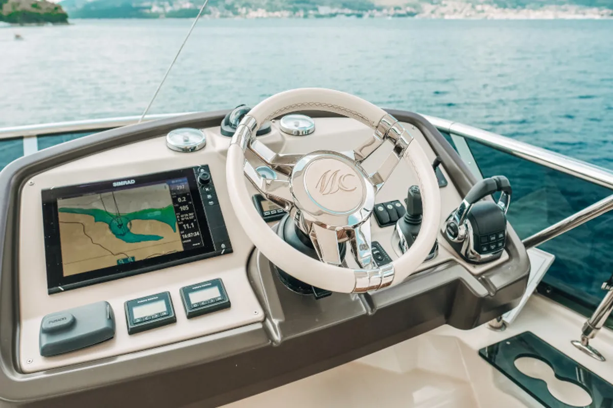 Cockpit of Blizzard, a Beneteau Monte Carlo 5 motorboat at Seget Donji, Croatia