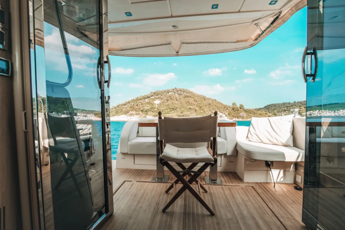 Deck of Blizzard, a Beneteau Monte Carlo 5 motorboat at Seget Donji, Croatia