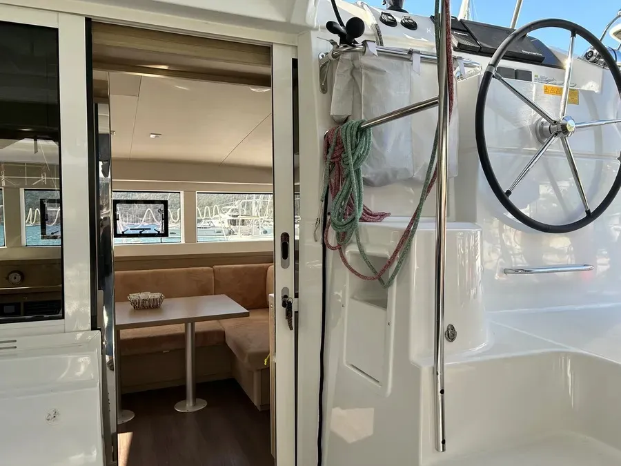 Cockpit of Mizu, a Lagoon 40 catamaran at Fethiye, Turkey