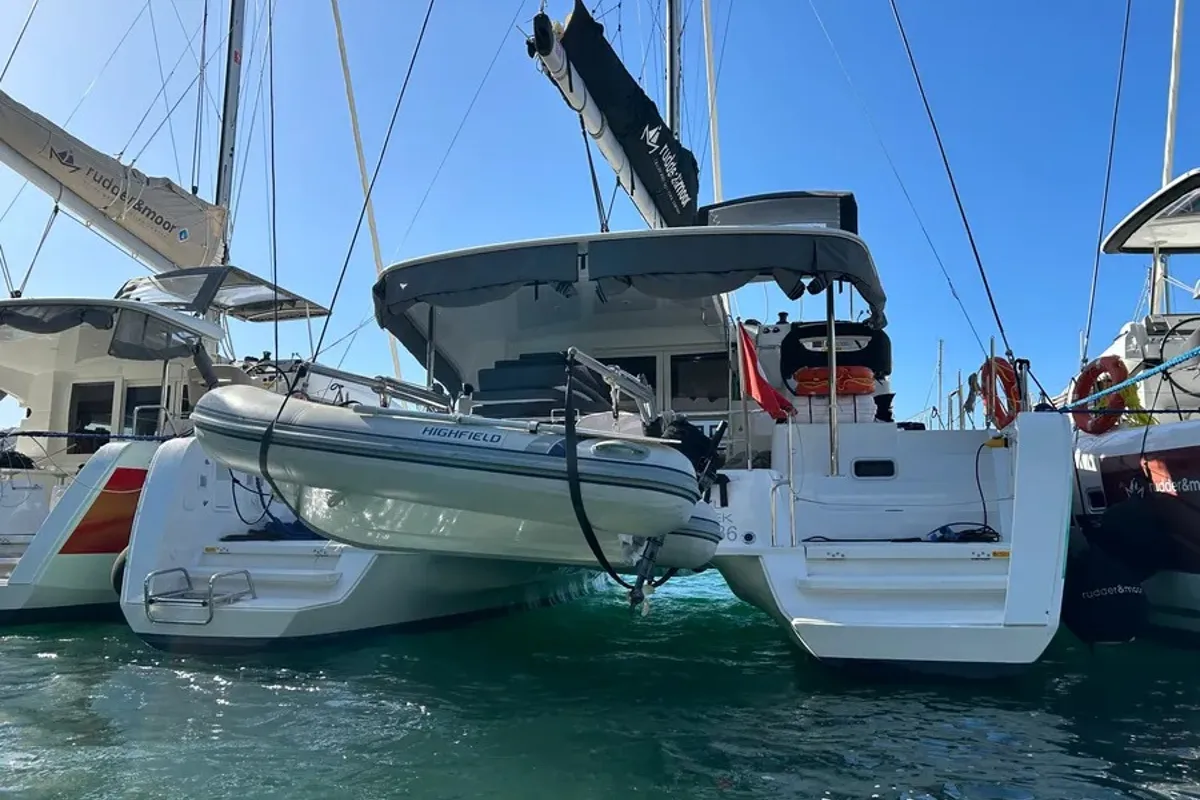 Exterior view of Mizu, a Lagoon 40 catamaran at Fethiye, Turkey