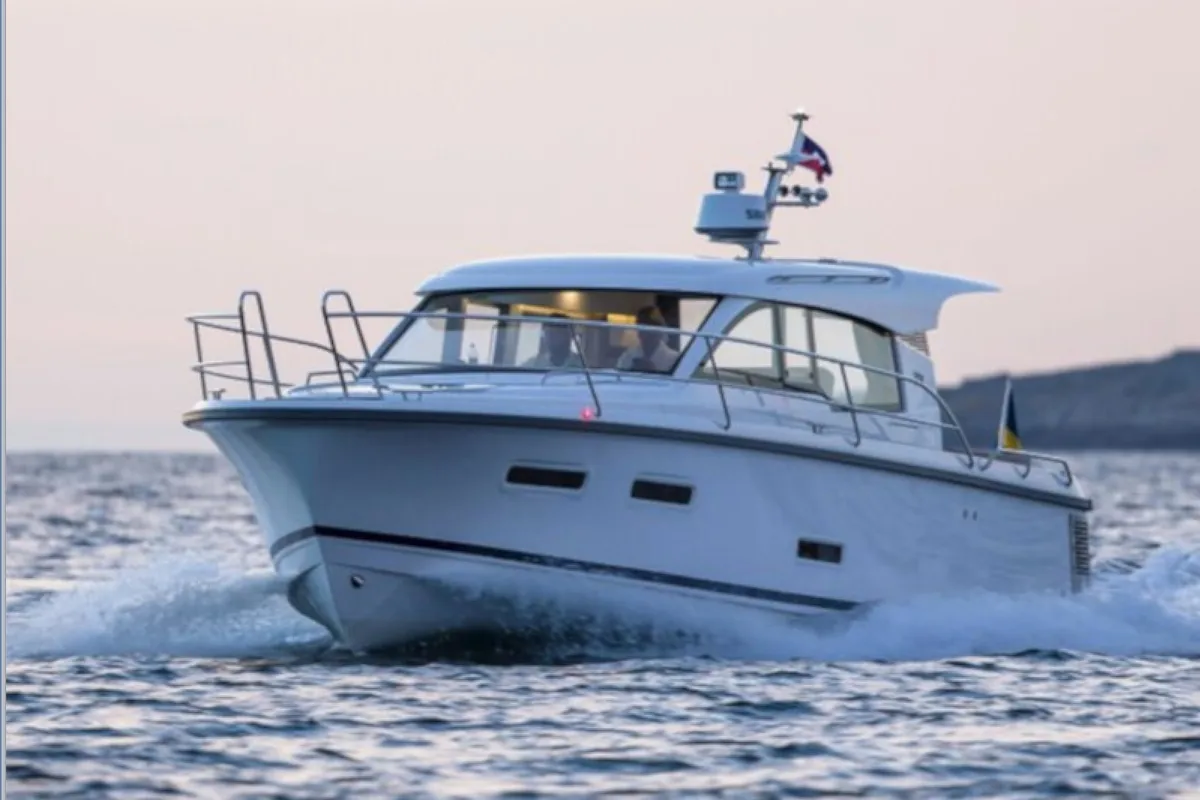 Exterior view of Polluks, a Nimbus 305 Coupe motorboat at Pirovac, Croatia