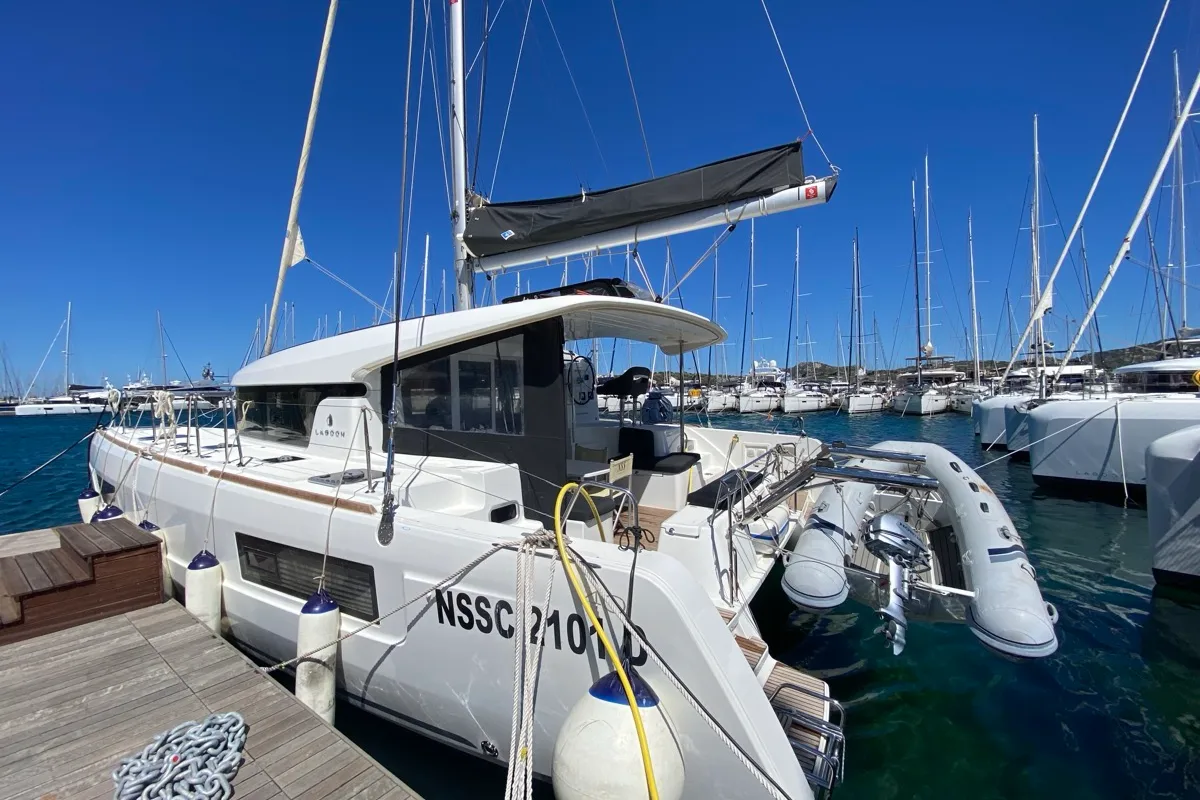 Exterior view of Aquila, a Lagoon 40 catamaran at Olbia, Italy