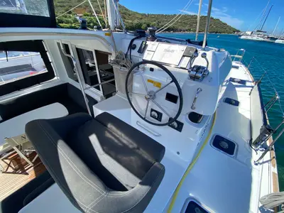 Cockpit of Aquila, a Lagoon 40 catamaran at Olbia, Italy