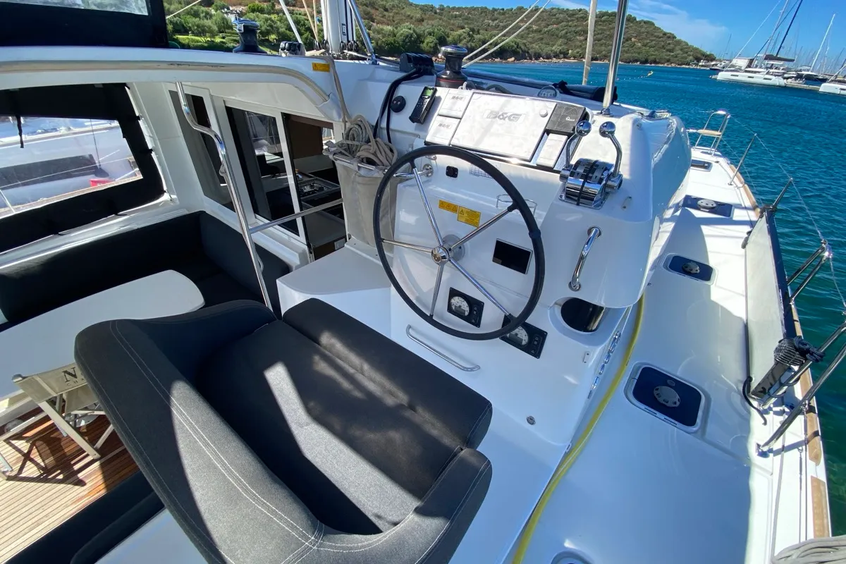 Cockpit of Aquila, a Lagoon 40 catamaran at Olbia, Italy
