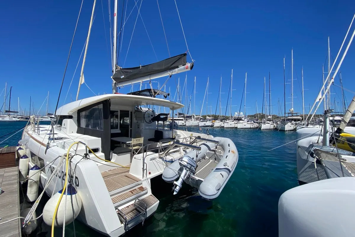 Exterior view of Aquila, a Lagoon 40 catamaran at Olbia, Italy