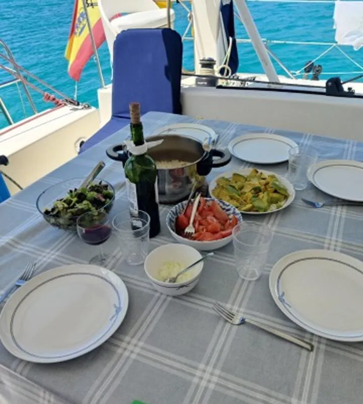 Deck of Ultreia, a Catana 431 catamaran at Port d'Andratx, Spain