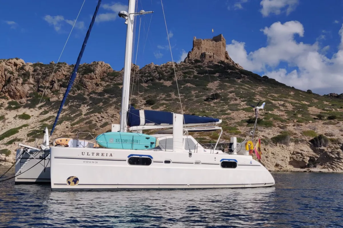 Exterior view of Ultreia, a Catana 431 catamaran at Port d'Andratx, Spain