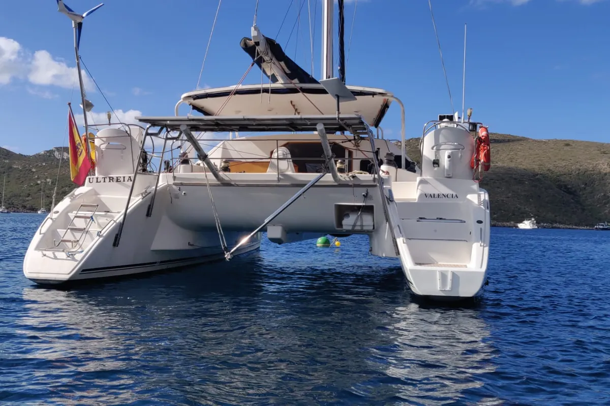 Exterior view of Ultreia, a Catana 431 catamaran at Port d'Andratx, Spain