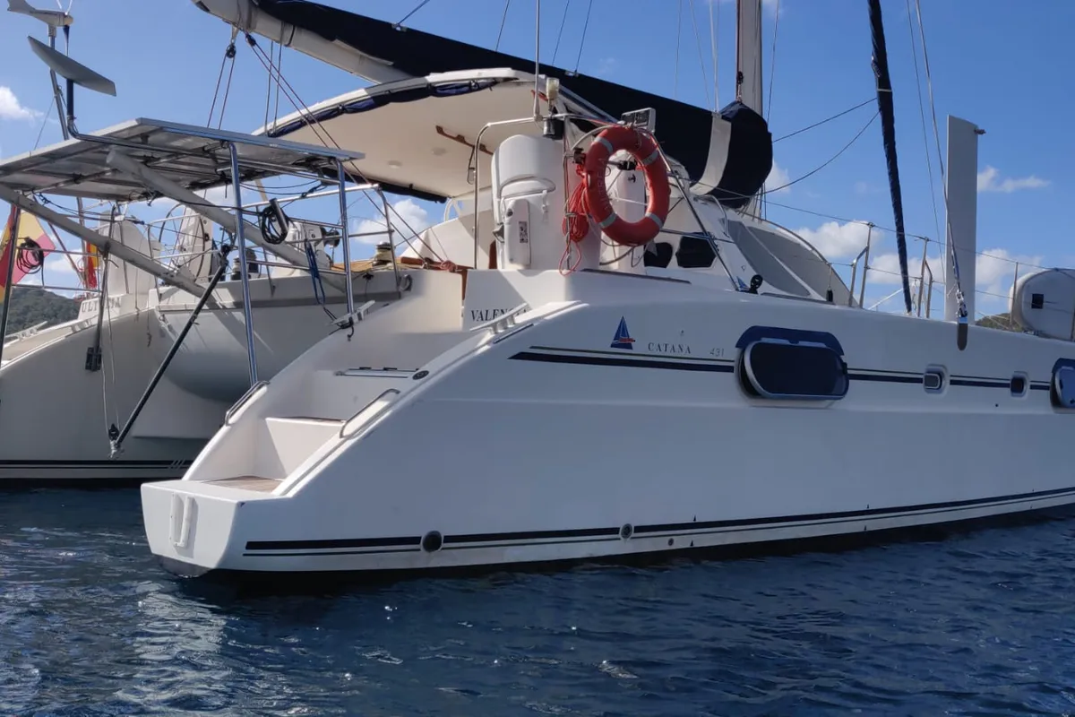 Exterior view of Ultreia, a Catana 431 catamaran at Port d'Andratx, Spain